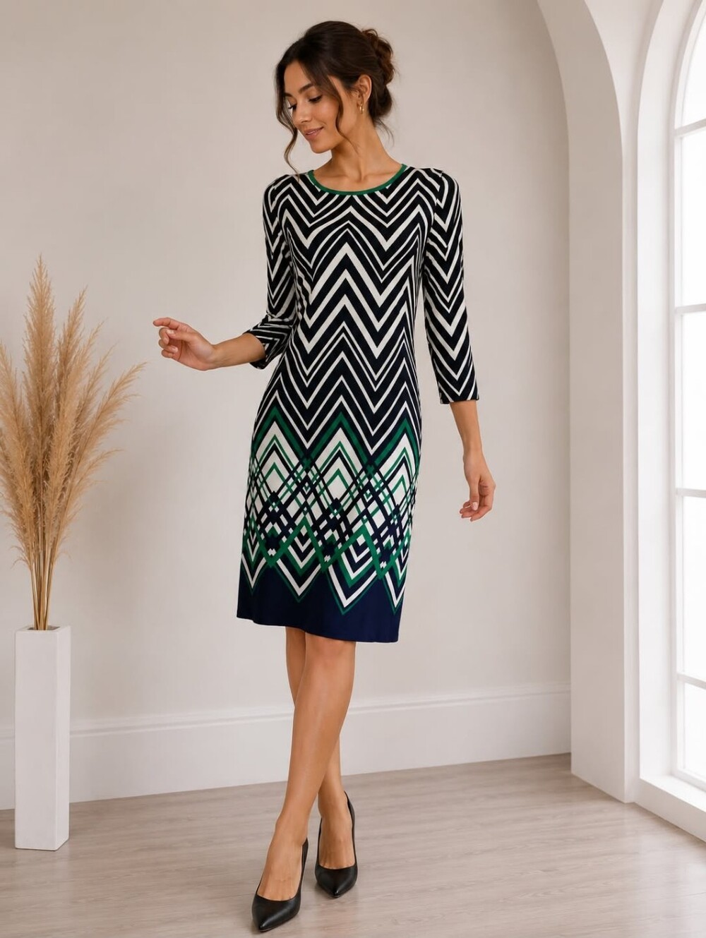 Eliza J Black, White & Green Chevron Midi Dress